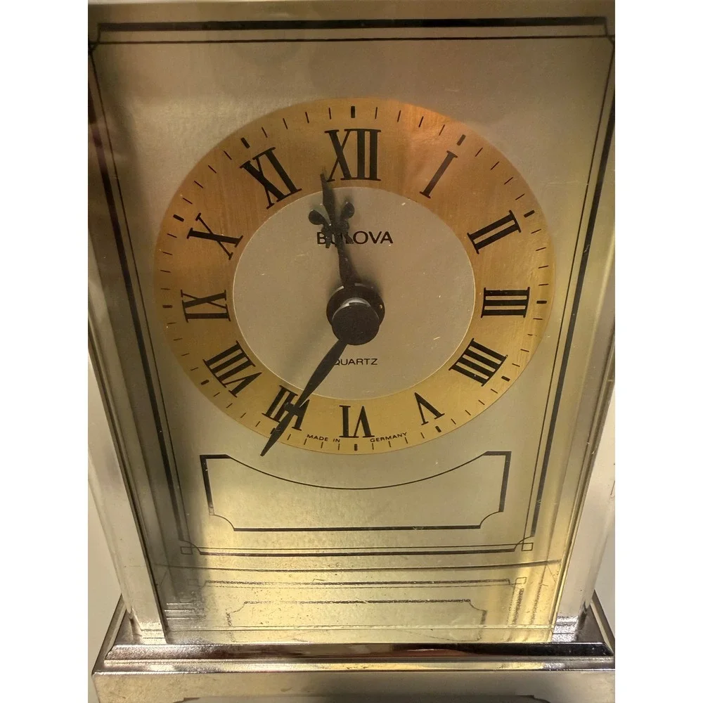 Bulova Quartz Carriage Clock Two Tone Silver Gold Roman Numeral Made in Germany